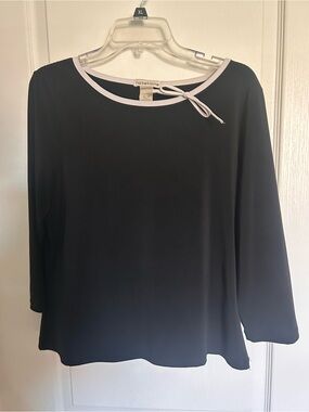 Notations Black Long Sleeve Top with White Trim and Neck Bow